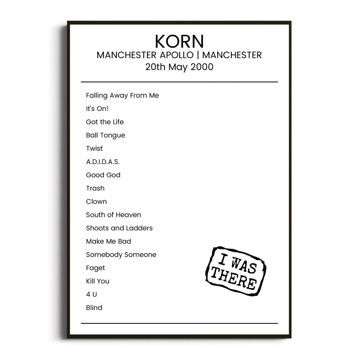 Korn Manchester 20 May 2000 Setlist Poster