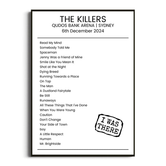 The Killers Sydney 06 December 2024 Setlist Poster