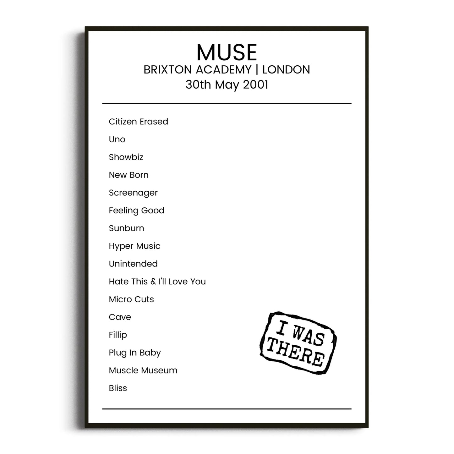 Muse London 30 May 2001 Setlist Poster