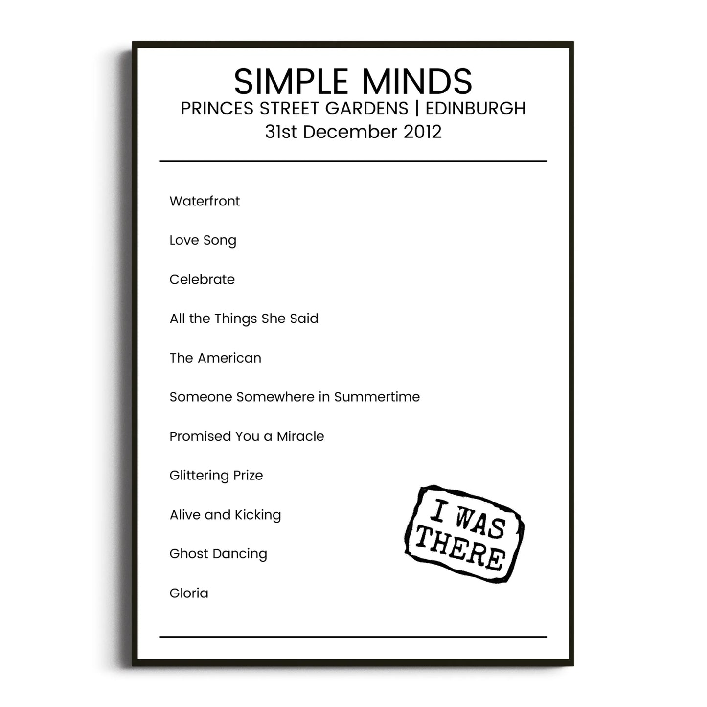 Simple Minds Edinburgh 31 December 2012 Setlist Poster