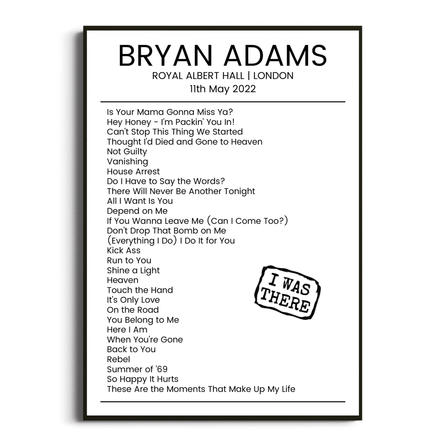 Bryan Adams London 11 May 2022 Setlist Poster