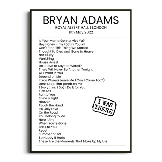 Bryan Adams London 11 May 2022 Setlist Poster