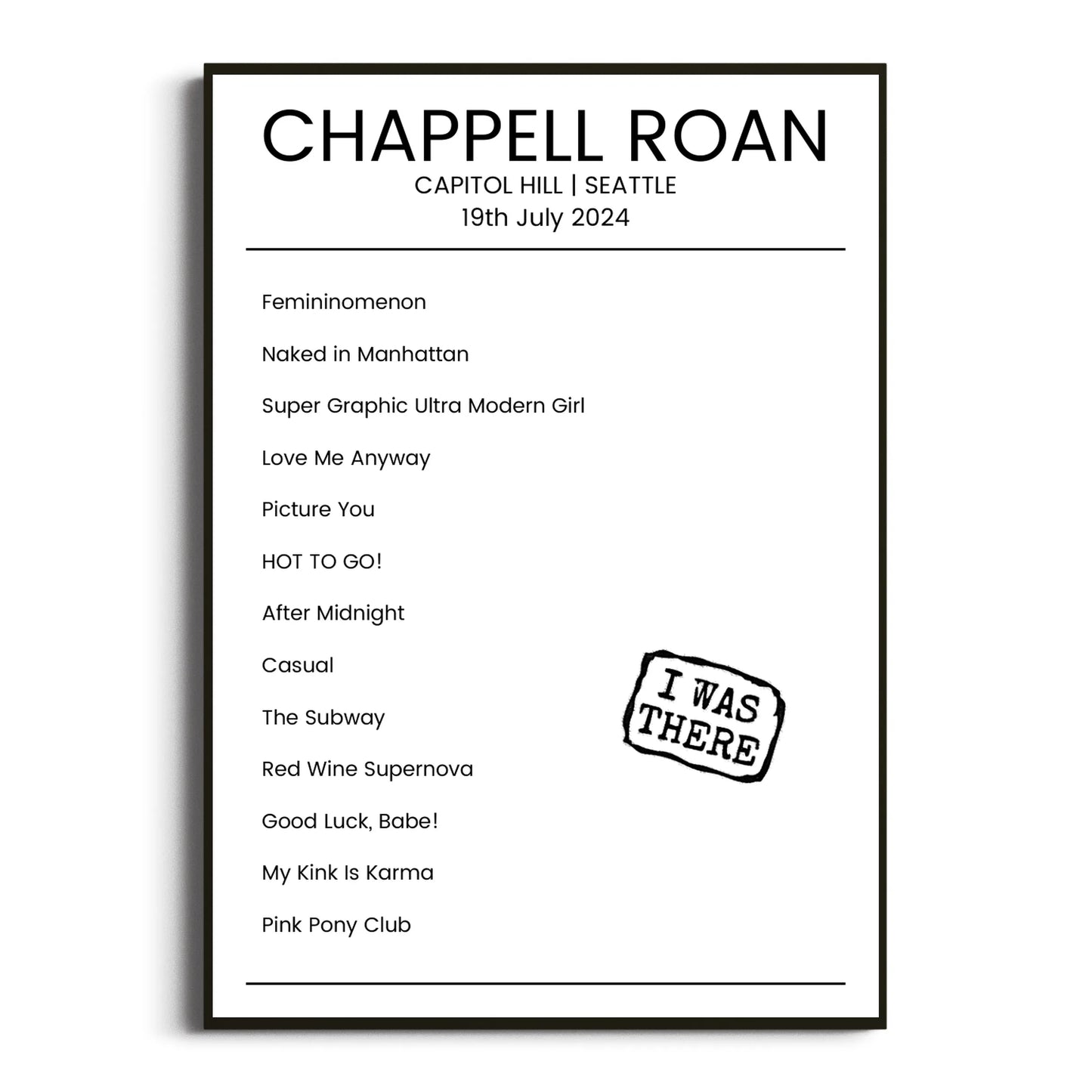 Chappell Roan Seattle 19 July 2024 Setlist Poster