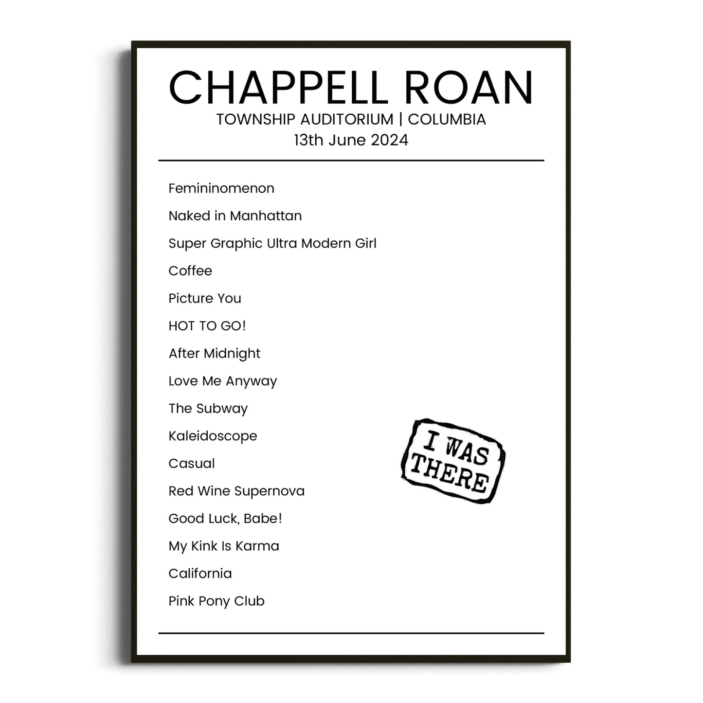 Chappell Roan Columbia 13 June 2024 Setlist Poster