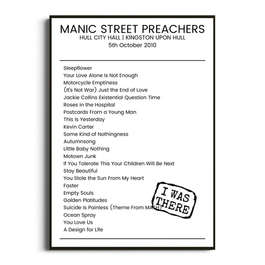 Manic Street Preachers Kingston upon Hull 05 October 2010 Setlist Poster