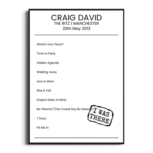 Craig David Manchester 20 May 2013 Setlist Poster