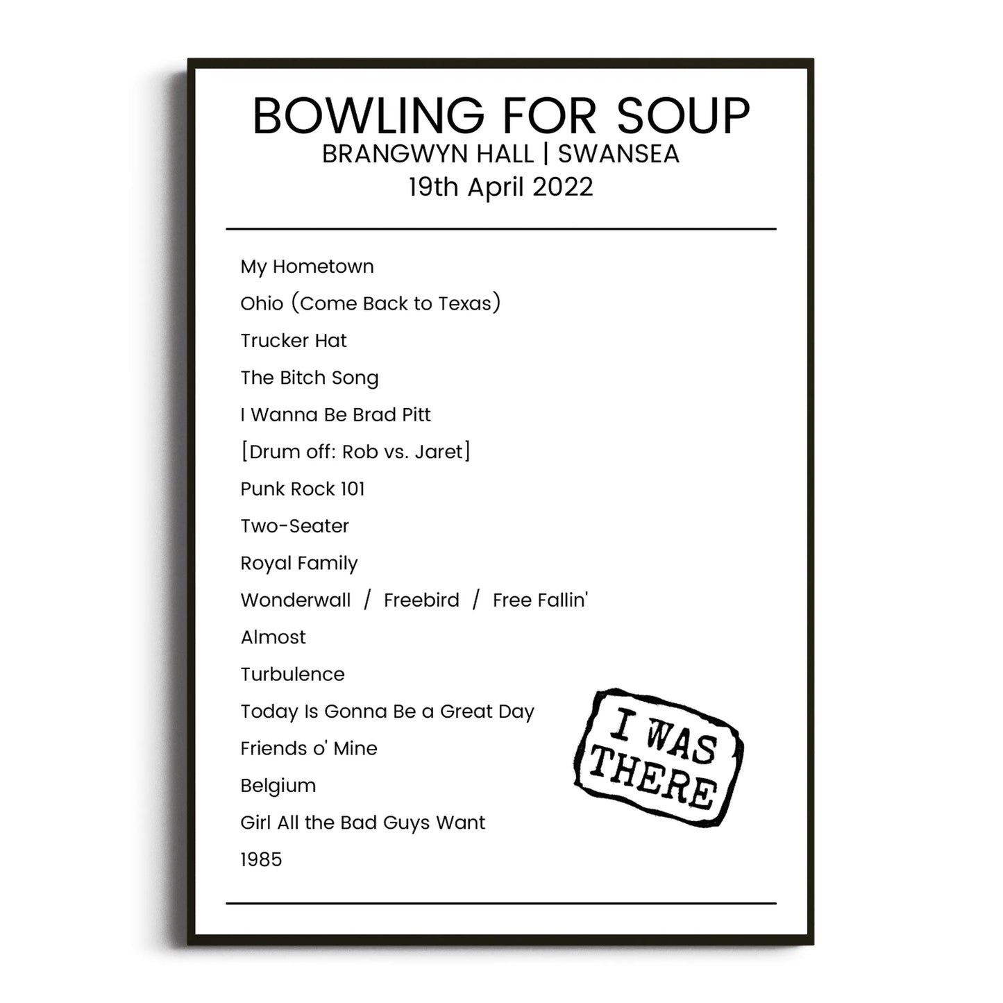 Bowling for Soup Swansea 19 April 2022 Setlist Poster