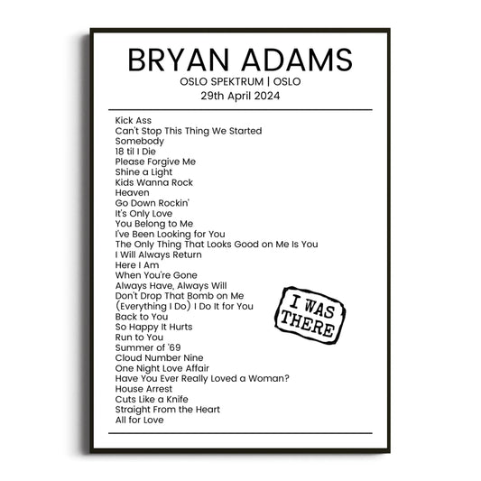 Bryan Adams Oslo 29 April 2024 Setlist Poster