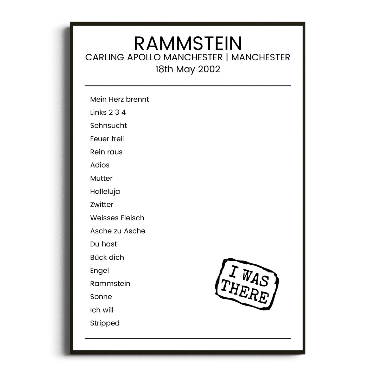 Rammstein Manchester 18 May 2002 Setlist Poster