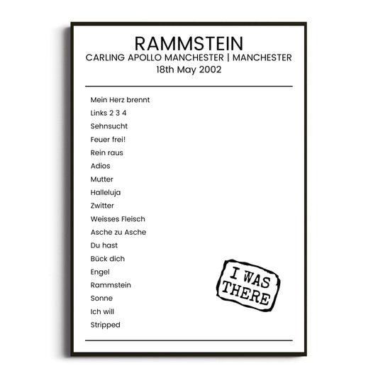 Rammstein Manchester 18 May 2002 Setlist Poster