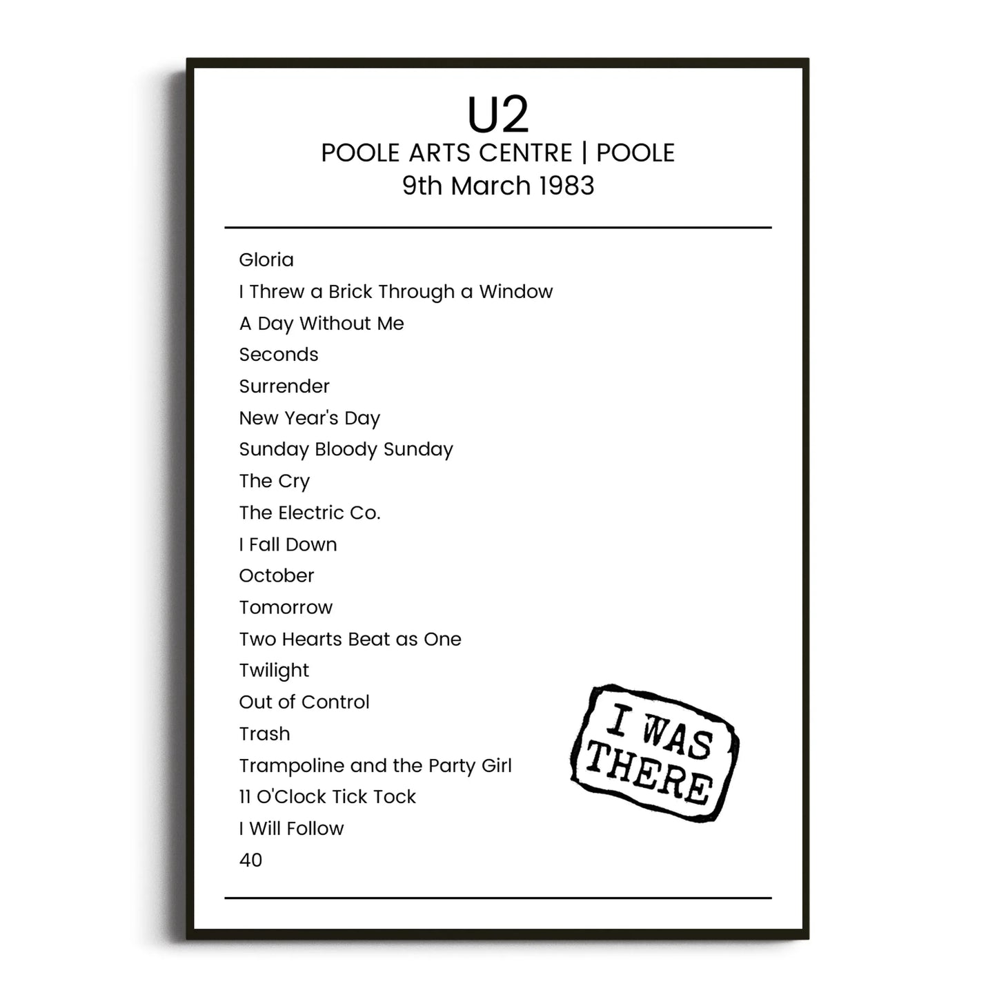 U2 Poole 09 March 1983 Setlist Poster