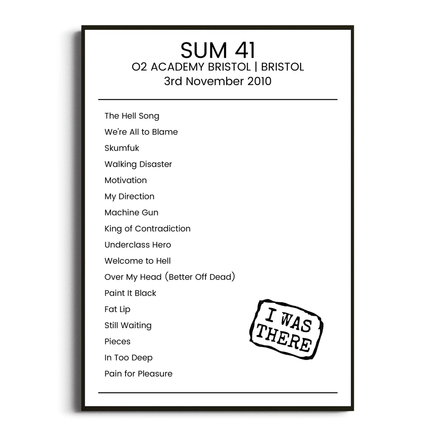 Sum 41 Bristol 03 November 2010 Setlist Poster