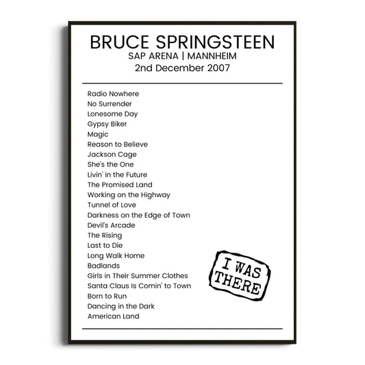 Bruce Springsteen Mannheim 02 December 2007 Setlist Poster