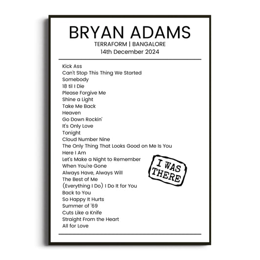 Bryan Adams Bangalore 14 December 2024 Setlist Poster