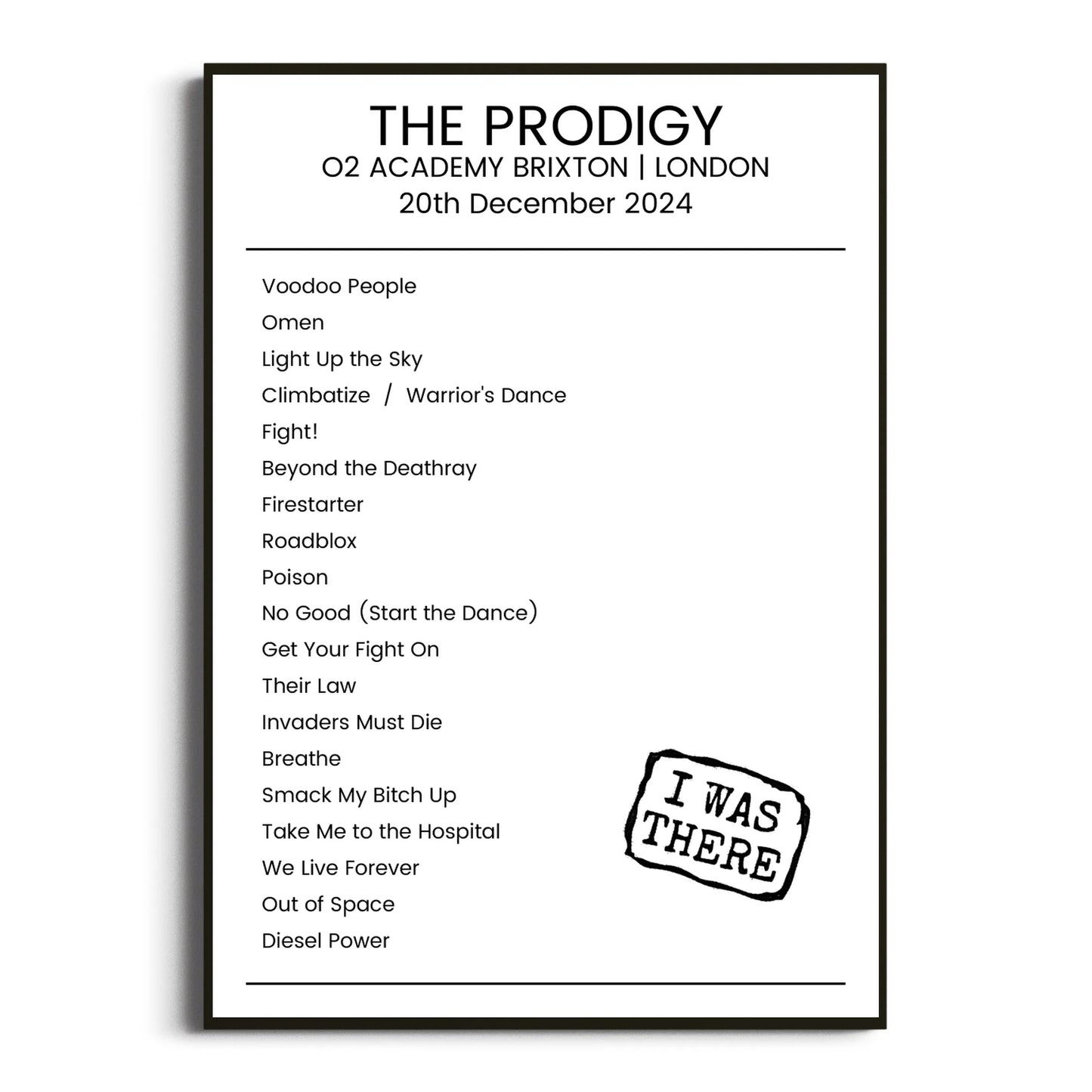 The Prodigy London 20 December 2024 Setlist Poster