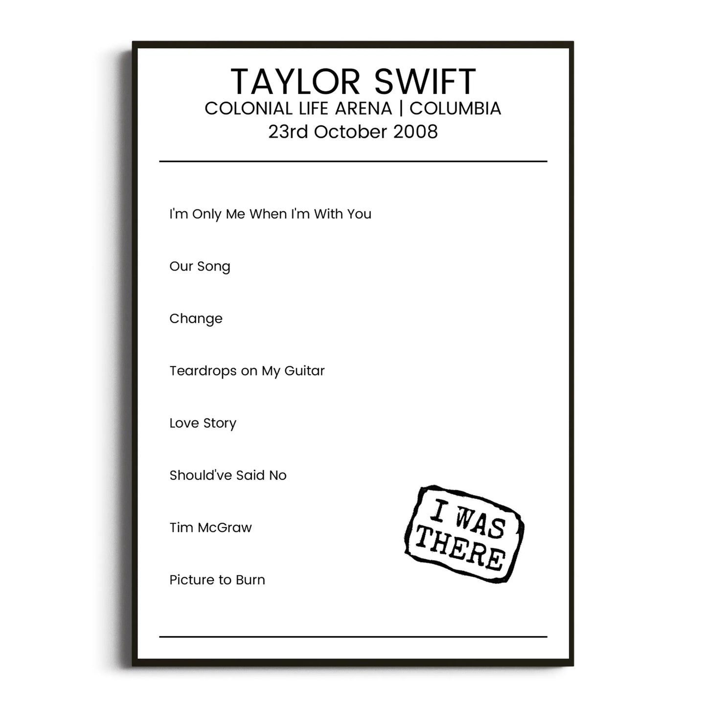 Taylor Swift Columbia 23 October 2008 Setlist Poster