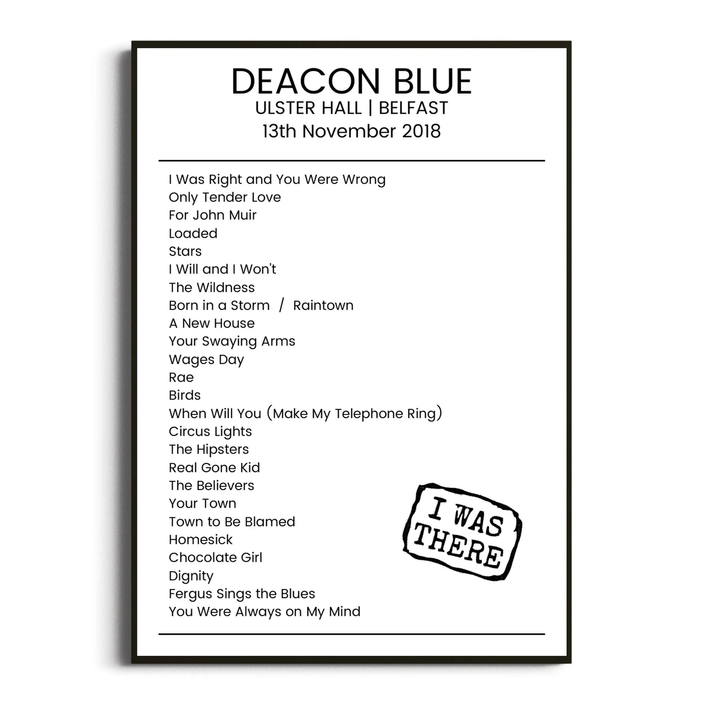 Deacon Blue Belfast 13 November 2018 Setlist Poster