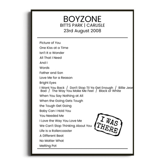 Boyzone Carlisle 23 August 2008 Setlist Poster