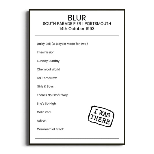 Blur Portsmouth 14 October 1993 Setlist Poster