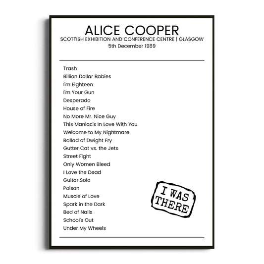 Alice Cooper Glasgow 05 December 1989 Setlist Poster