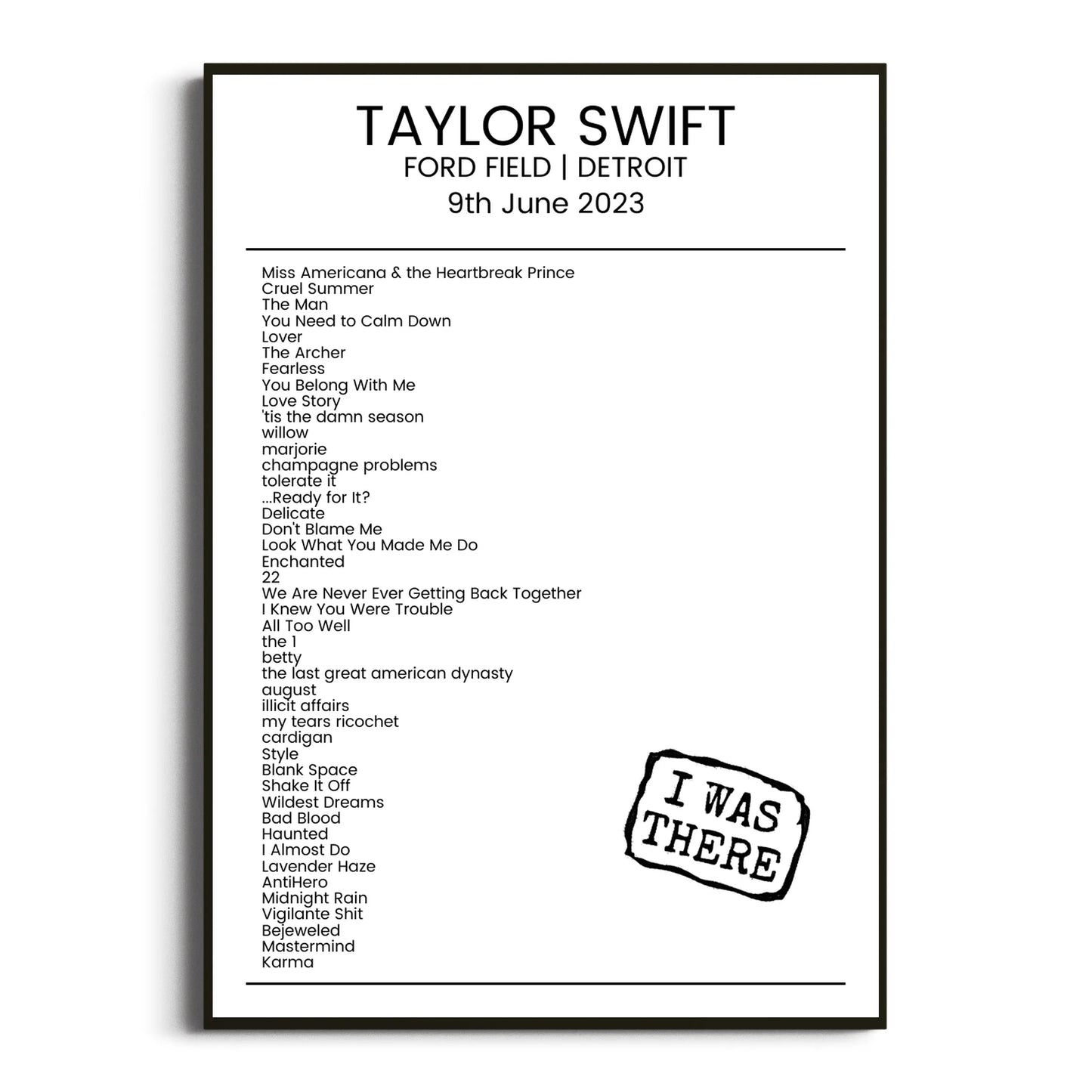 Taylor Swift Detroit 09 June 2023 Setlist Poster