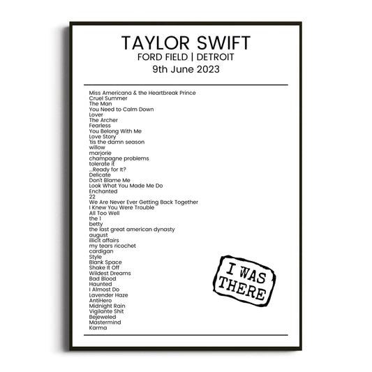 Taylor Swift Detroit 09 June 2023 Setlist Poster