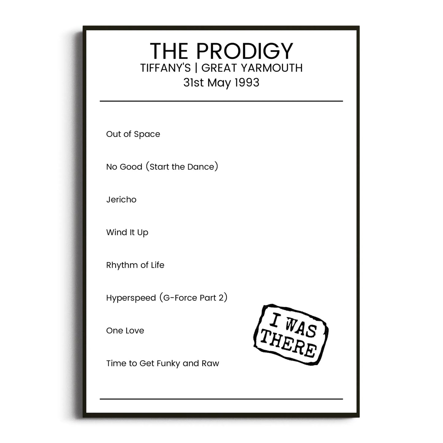 The Prodigy Great Yarmouth 31 May 1993 Setlist Poster