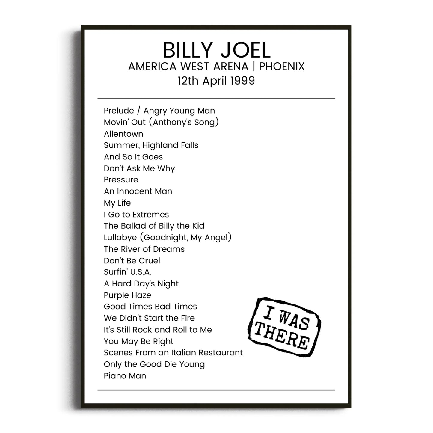 Billy Joel Phoenix 12 April 1999 Setlist Poster