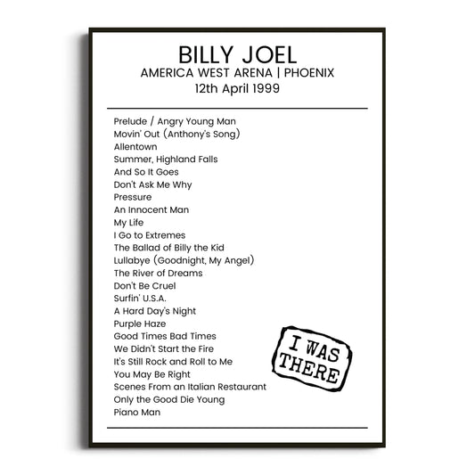 Billy Joel Phoenix 12 April 1999 Setlist Poster