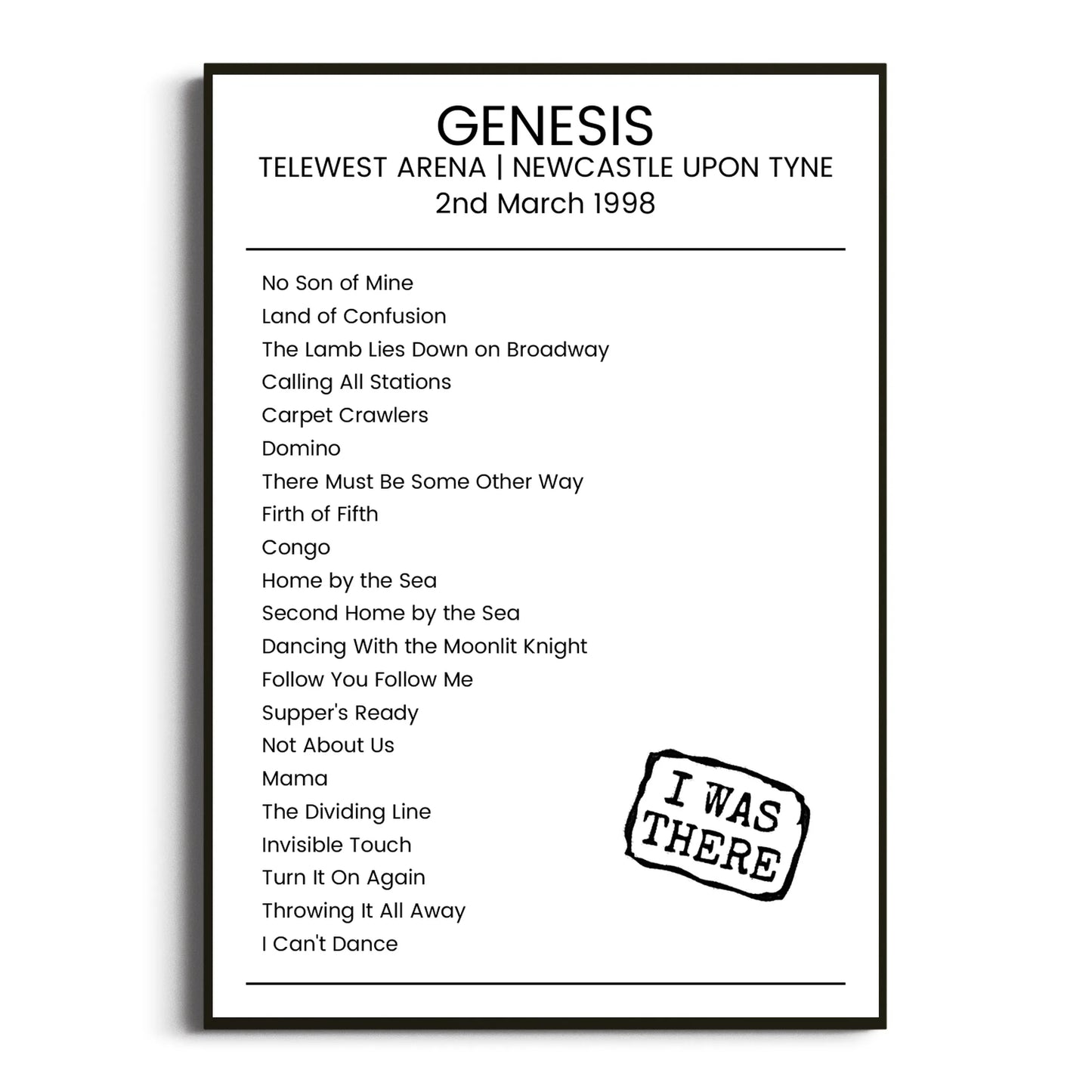 Genesis Newcastle upon Tyne 02 March 1998 Setlist Poster