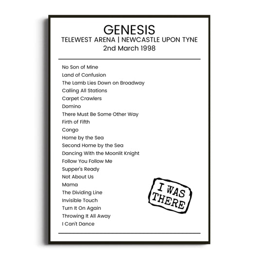 Genesis Newcastle upon Tyne 02 March 1998 Setlist Poster