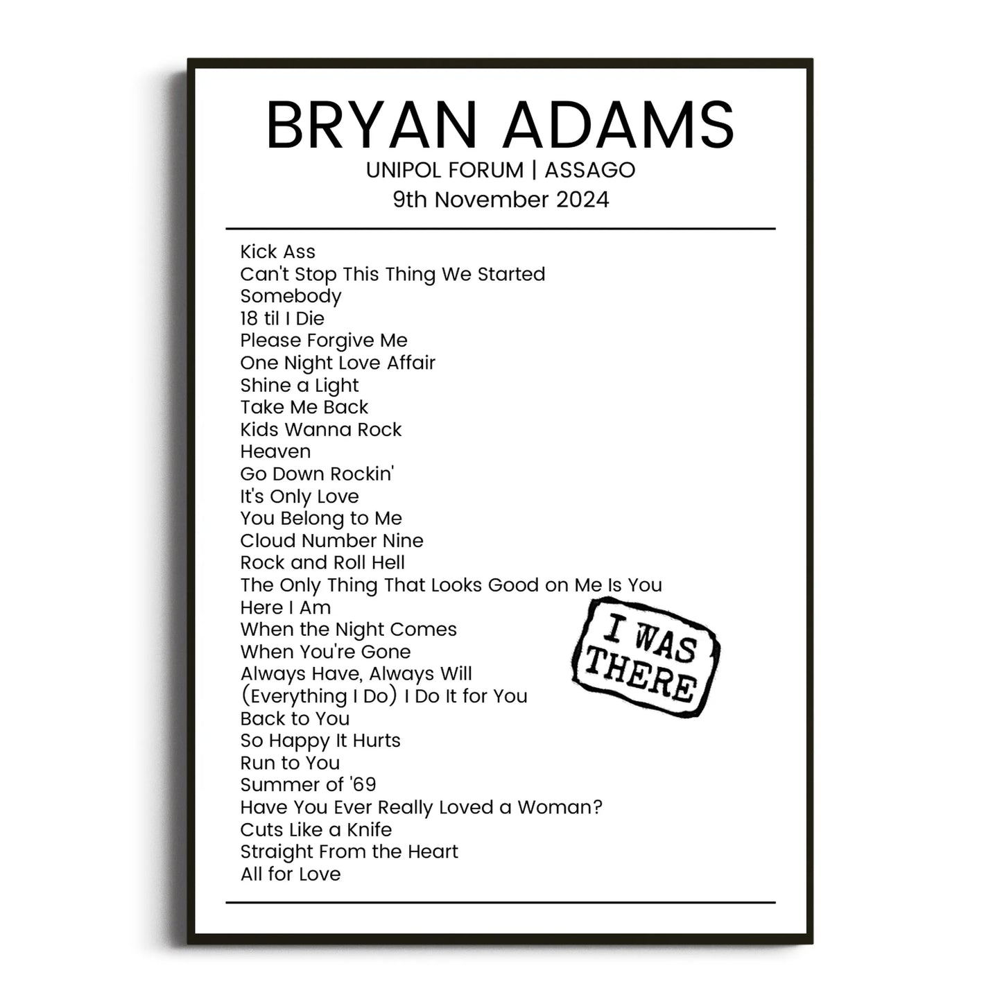 Bryan Adams Assago 09 November 2024 Setlist Poster