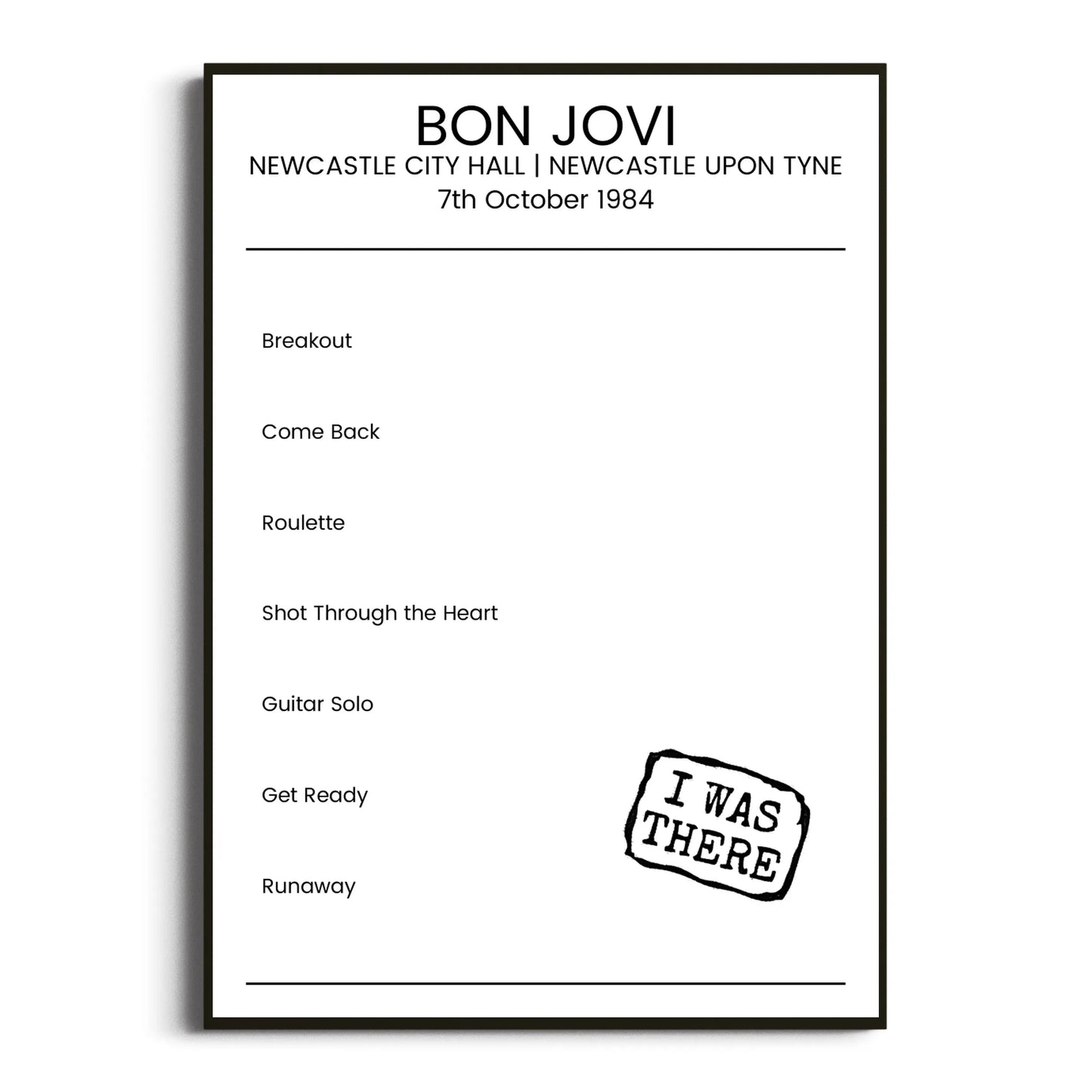 Bon Jovi Newcastle upon Tyne 07 October 1984 Setlist Poster