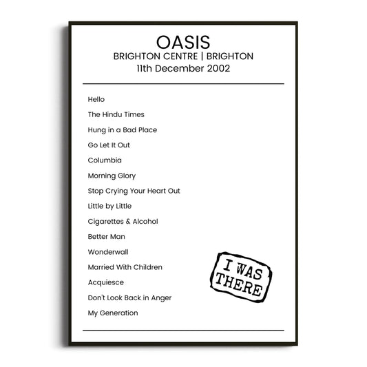 Oasis Brighton 11 December 2002 Setlist Poster