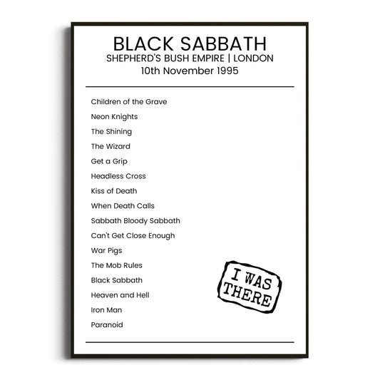 Black Sabbath London 10 November 1995 Setlist Poster