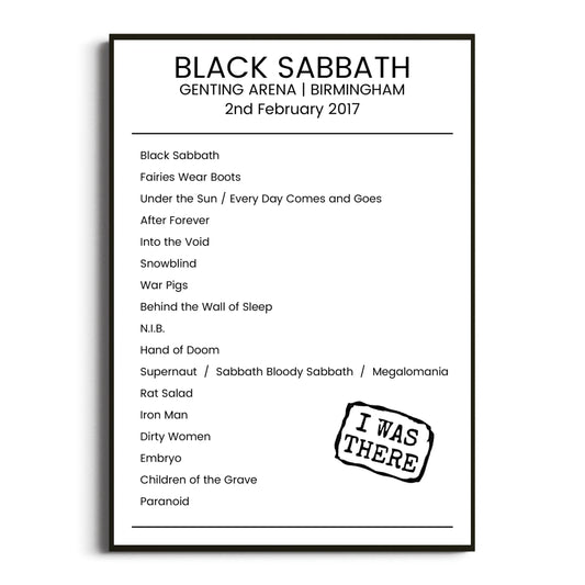 Black Sabbath Birmingham 02 February 2017 Setlist Poster