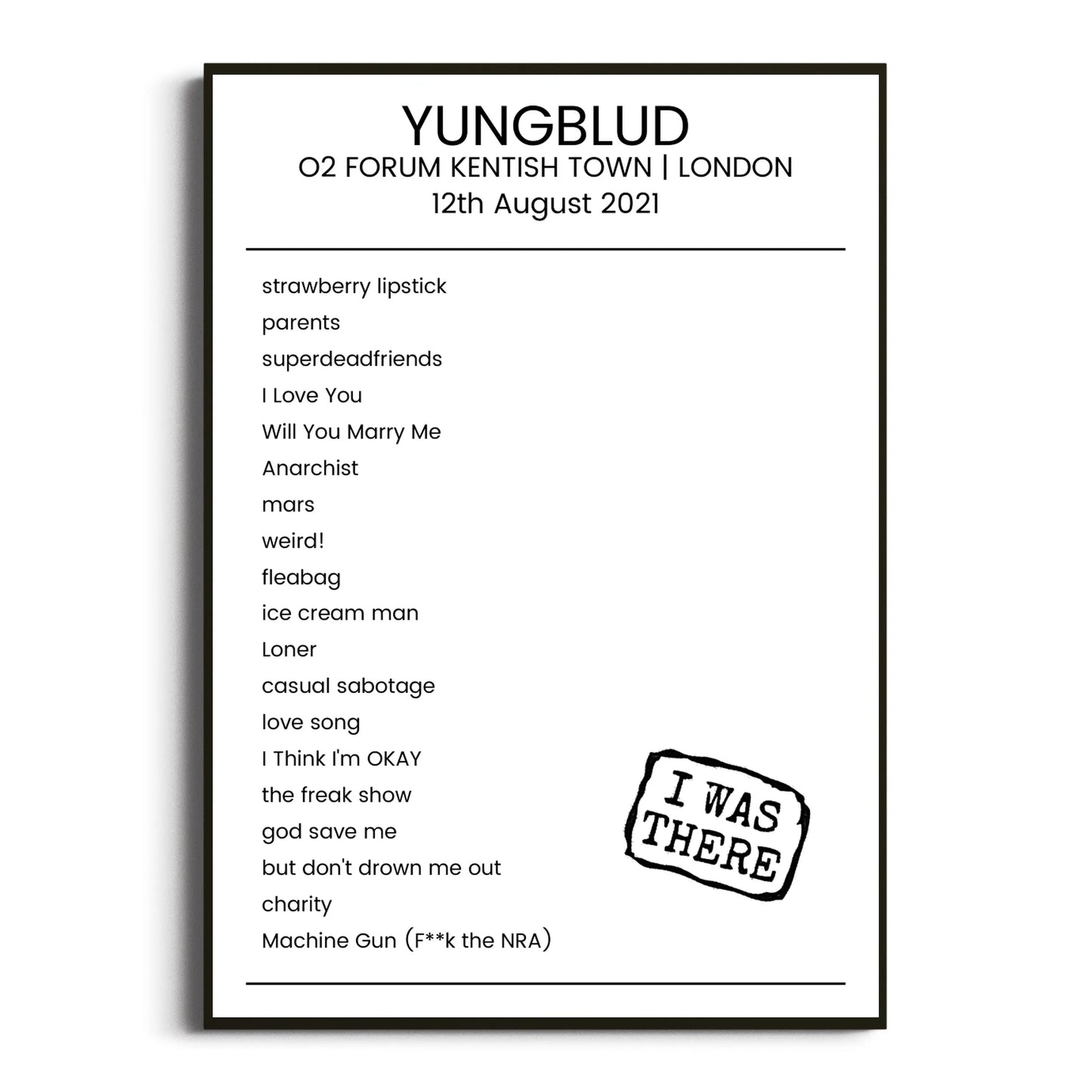 YUNGBLUD London 12 August 2021 Setlist Poster