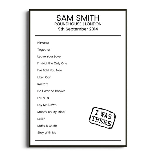 Sam Smith London 09 September 2014 Setlist Poster