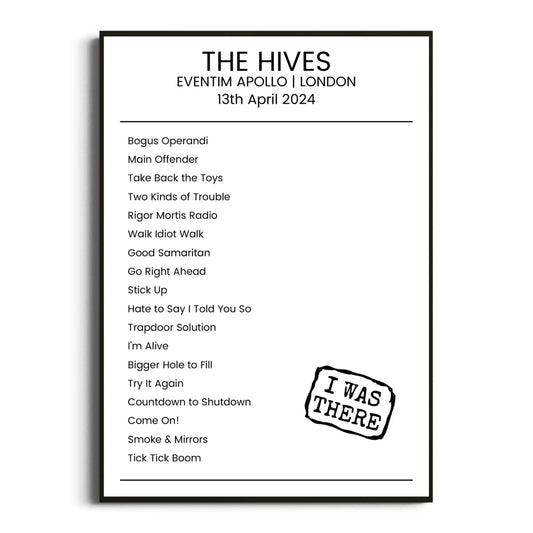 The Hives London 13 April 2024 Setlist Poster