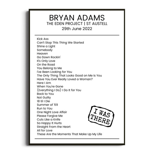 Bryan Adams St Austell 29 June 2022 Setlist Poster