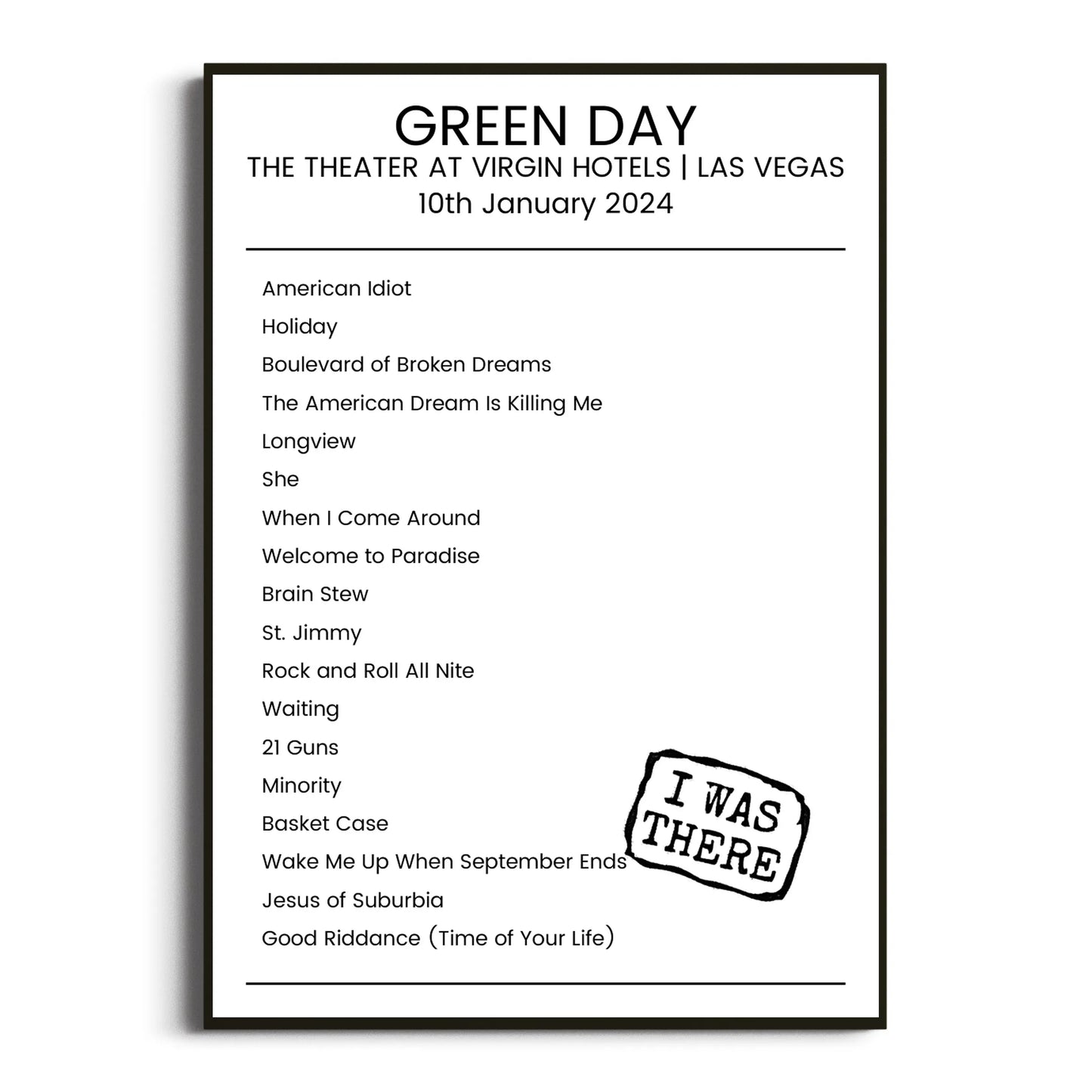 Green Day Las Vegas 10 January 2024 Setlist Poster