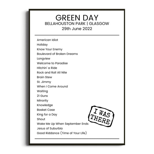 Green Day Glasgow 29 June 2022 Setlist Poster