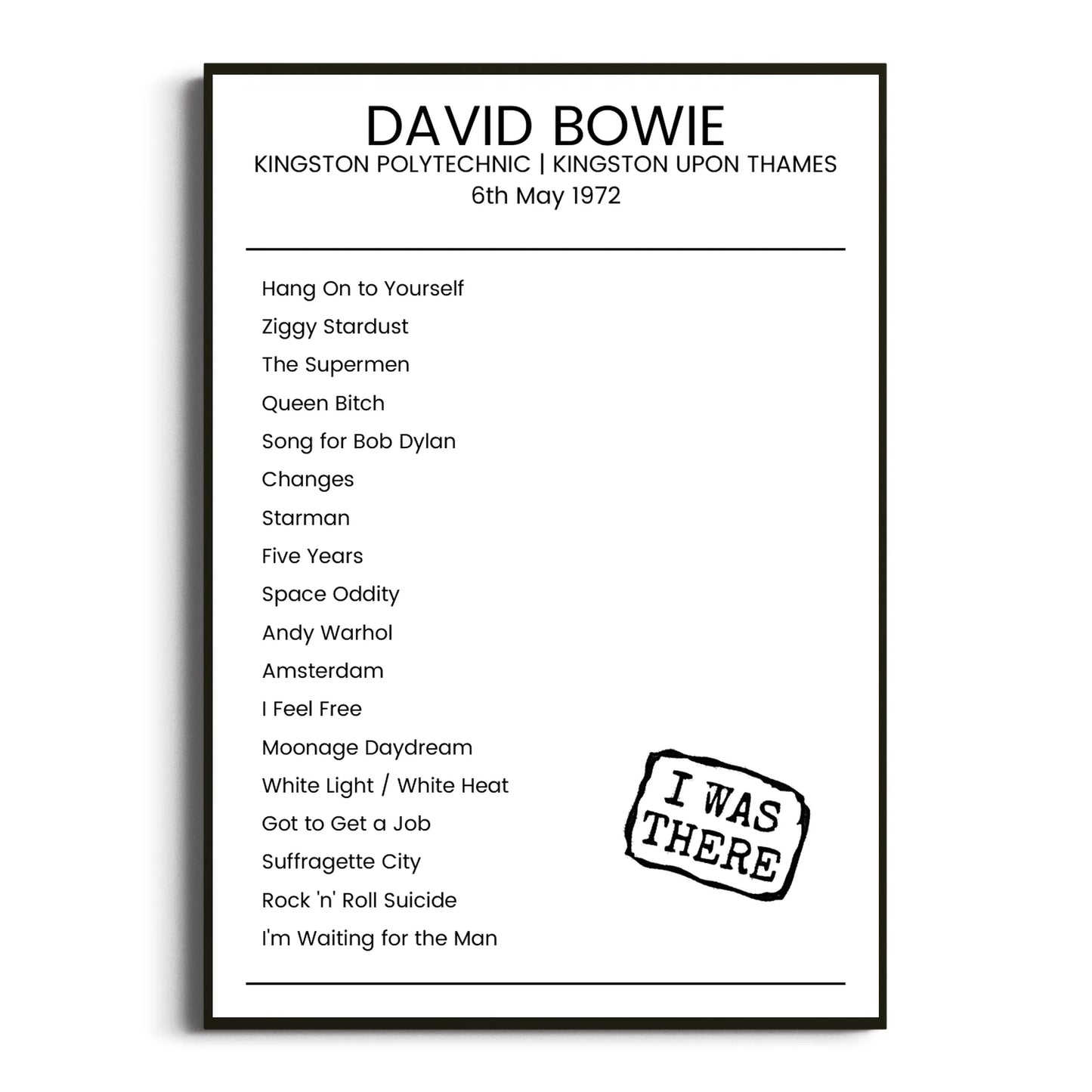 David Bowie Kingston upon Thames 06 May 1972 Setlist Poster