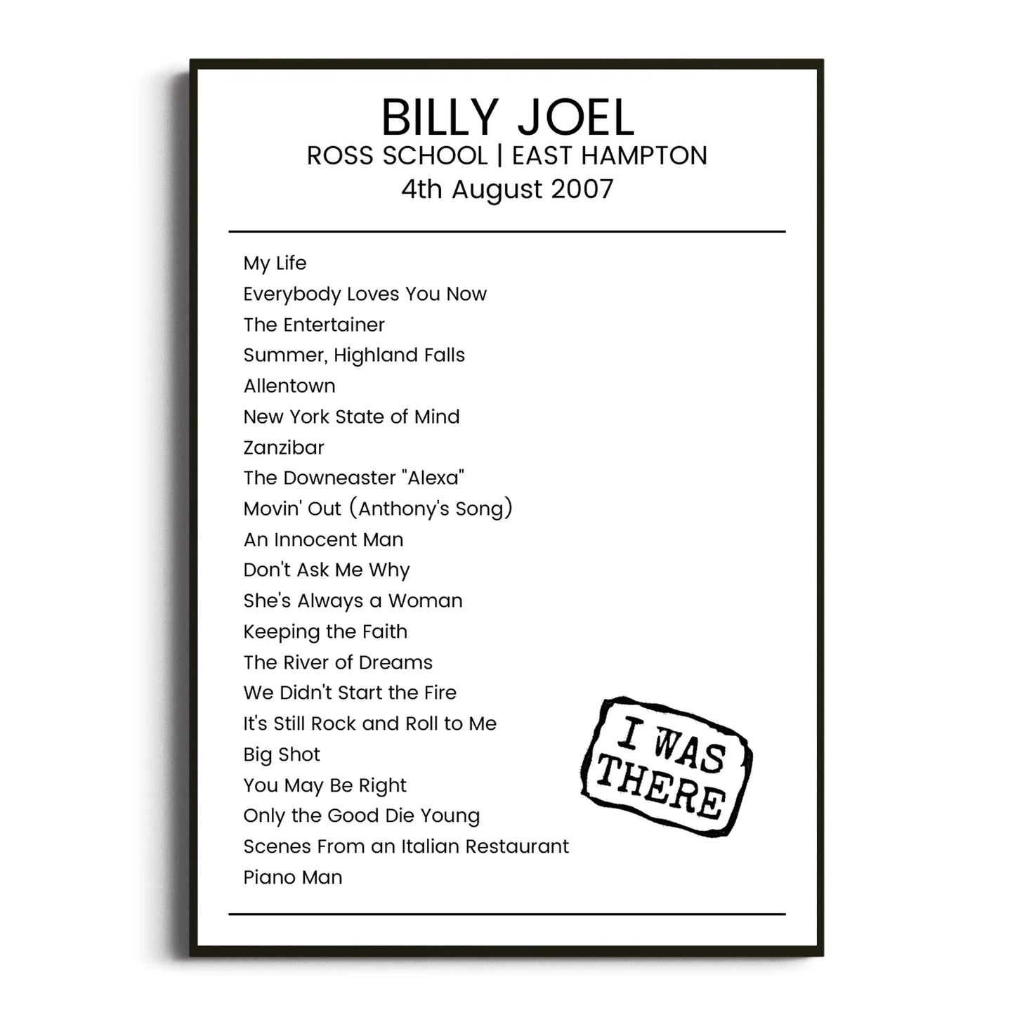 Billy Joel East Hampton 04 August 2007 Setlist Poster