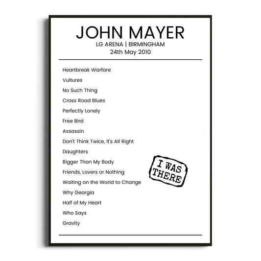 John Mayer Birmingham 24 May 2010 Setlist Poster