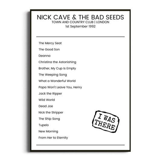 Nick Cave & the Bad Seeds London 01 September 1992 Setlist Poster