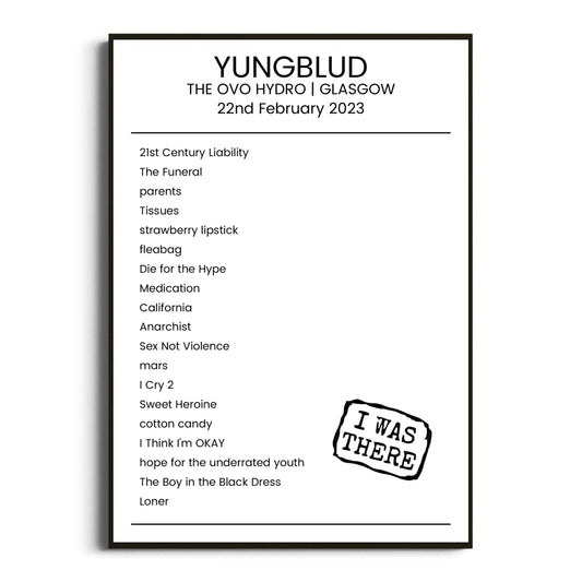 YUNGBLUD Glasgow 22 February 2023 Setlist Poster