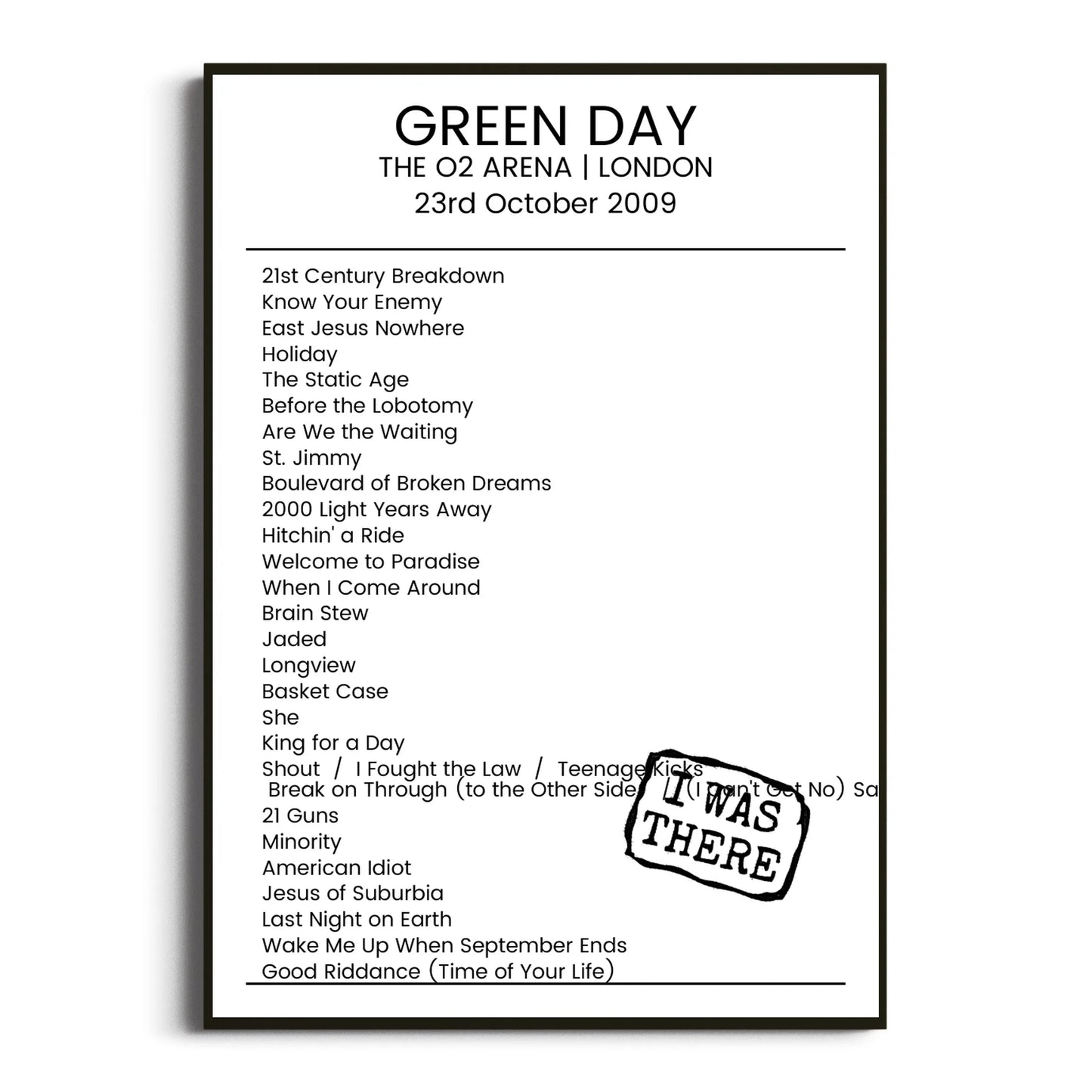 Green Day London 23 October 2009 Setlist Poster