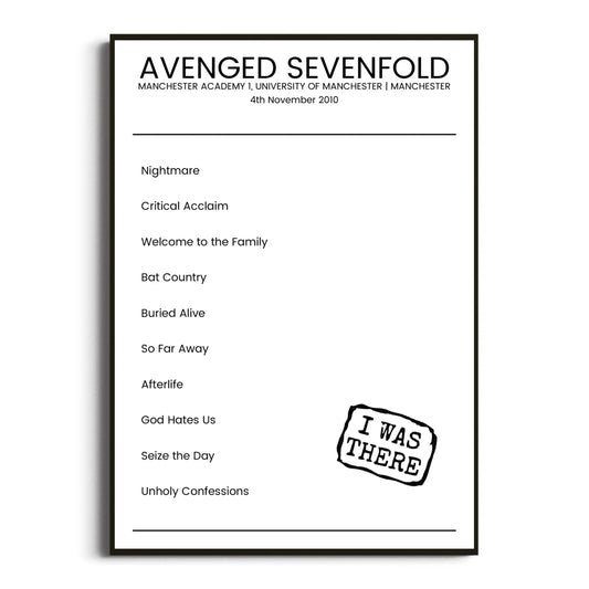 Avenged Sevenfold Manchester 04 November 2010 Setlist Poster