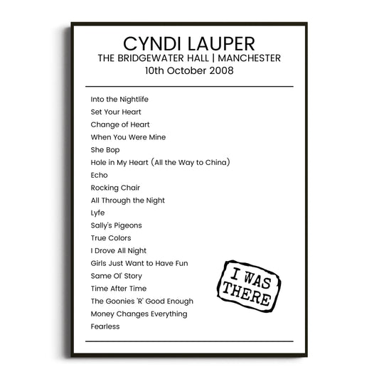 Cyndi Lauper Manchester 10 October 2008 Setlist Poster